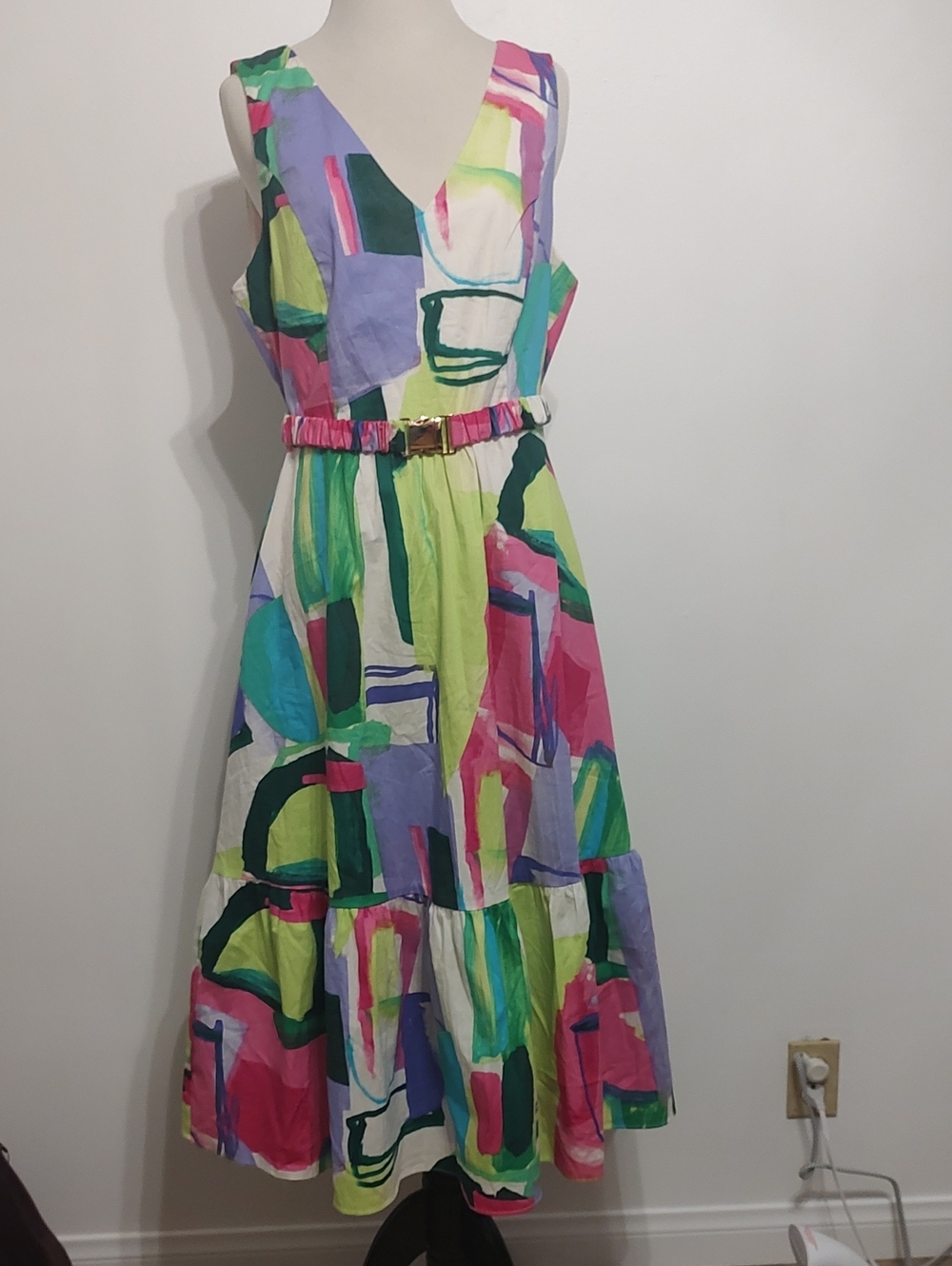 London Times Multicolor Abstract V-Neck Cotton Blend Dress